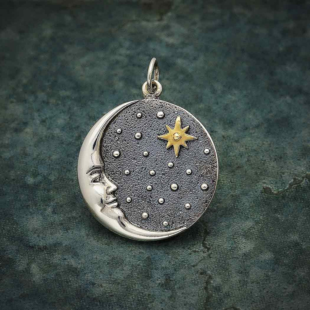 Crescent Moon Face Pendant with Bronze Star-6456