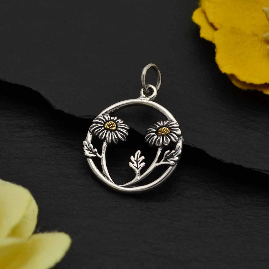 Mixed Metal Daisies in a Circle Pendant-6626